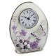 Beautiful 'Juliana,' oval, glass, clock decorated with purple flowers, crystals and a butterfly